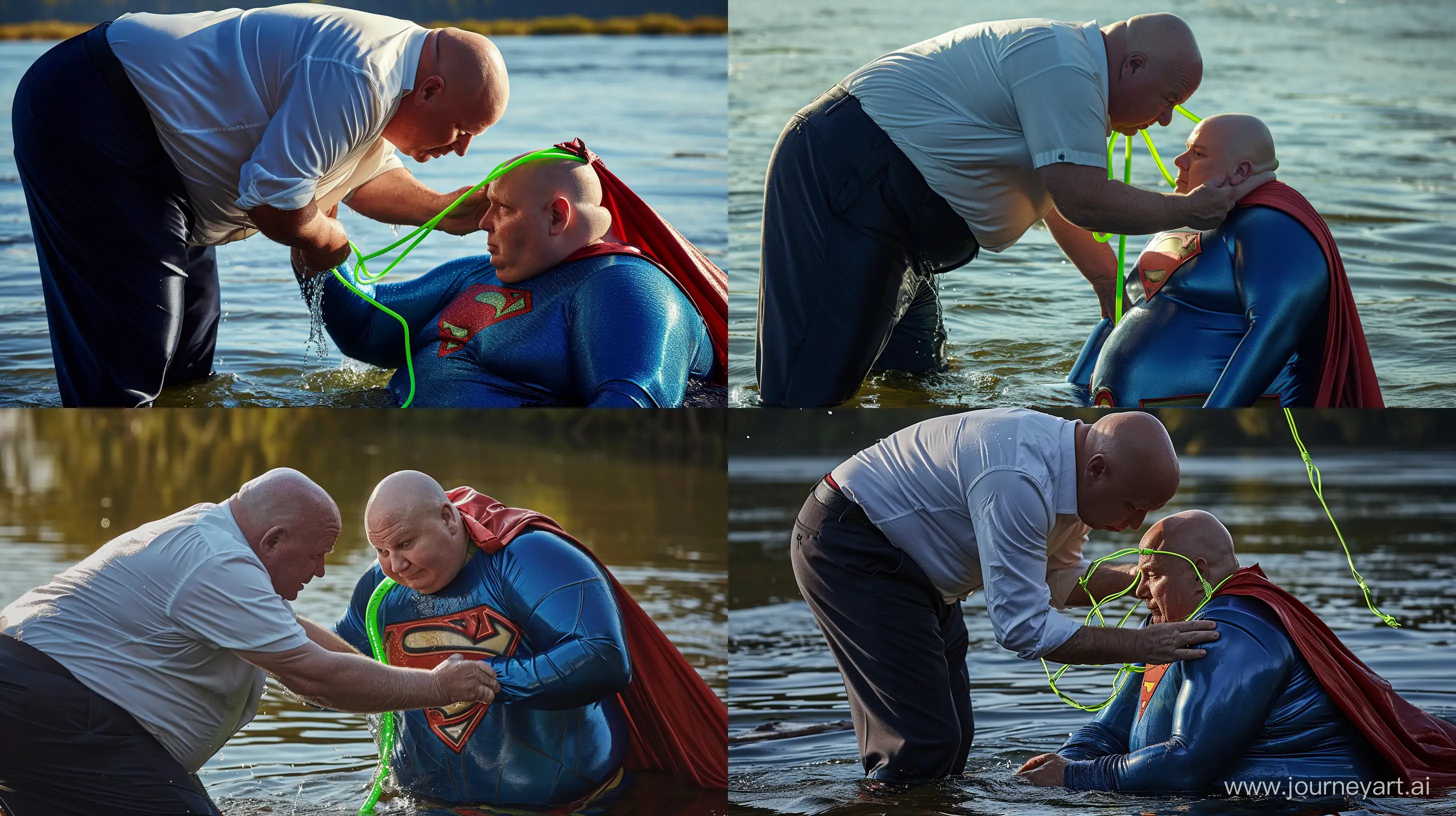 Closeup photo of a chubby man aged 60 wearing silky navy business pants and a white shirt, bending and tightening a green neon short leash around the head of another chubby man aged 60 sitting in water and wearing a tight blue silky soft superman costume with a large red cape. River. Bald. Clean Shaven. --style raw --ar 16:9 --v 6