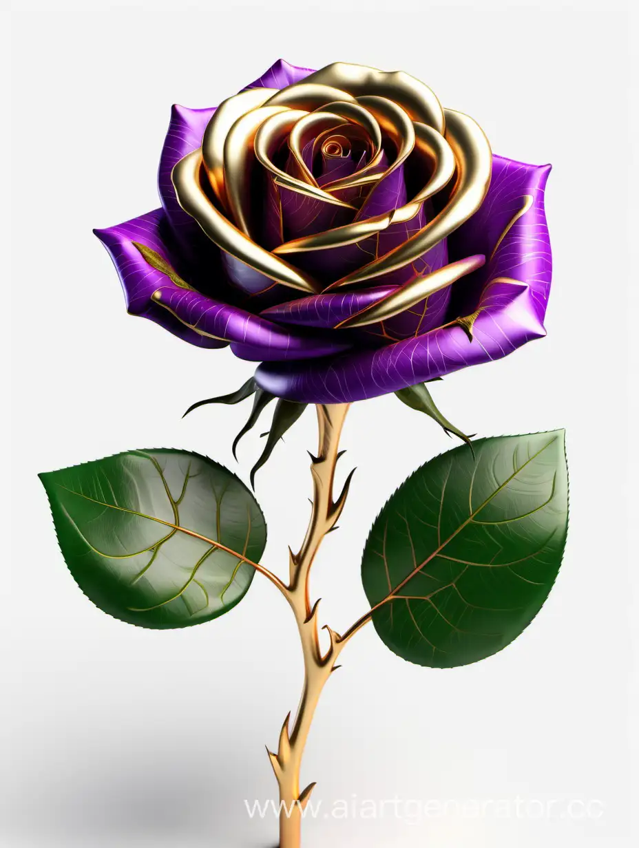 realistic purple and gold rose 8k hd with fresh lush 2 green leaves on white background