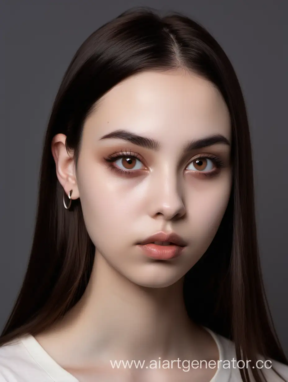 Serious girl, with dark brown straight hair below shoulders, thin almond-shaped chocolate eyes, light butter skin, oval refined face with soft cheeks , big pointed nose with septum piercing, small heart-shaped lips