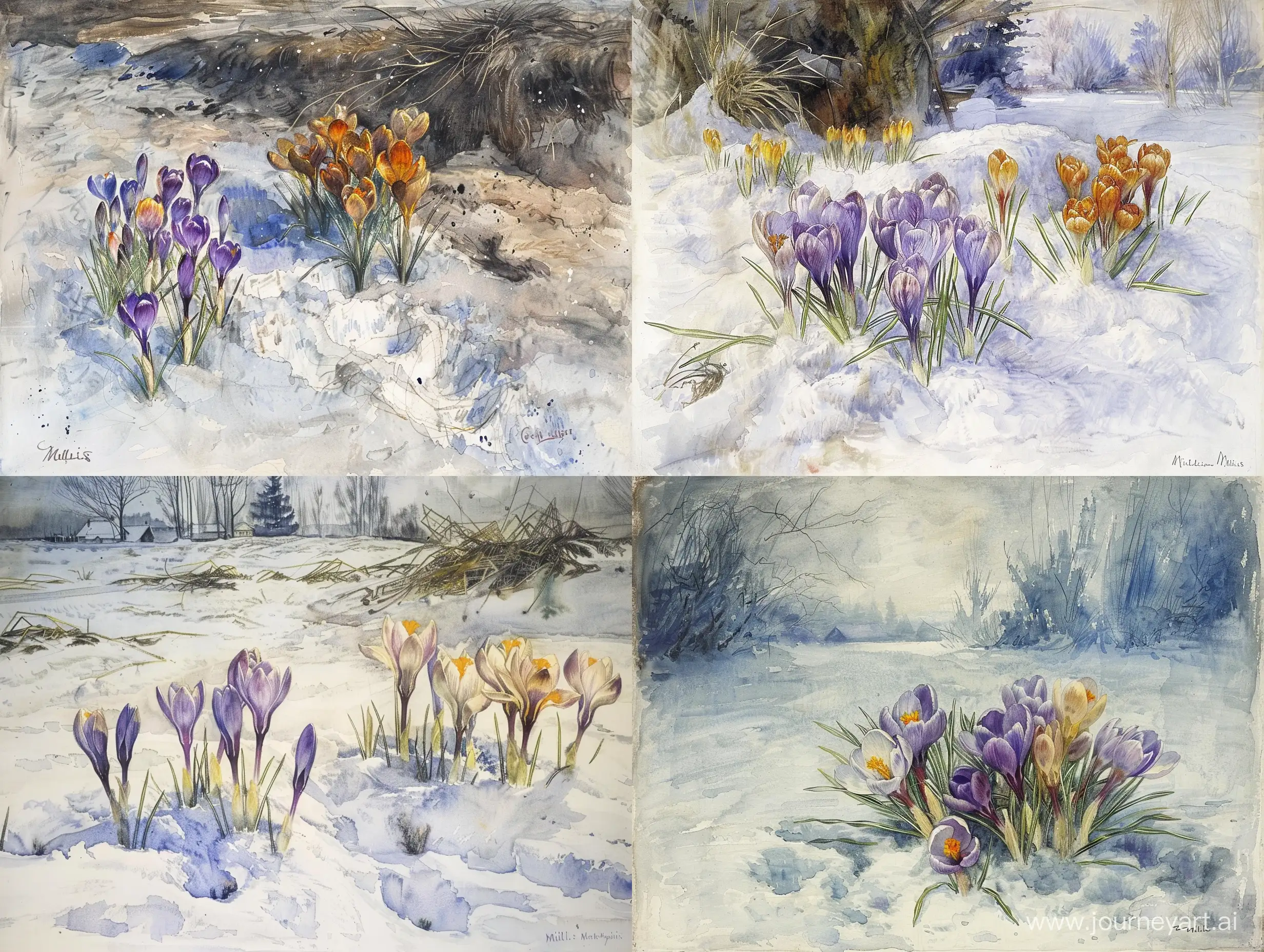 Winter-Crocuses-in-Snow-Rich-Watercolor-Painting-by-Millais