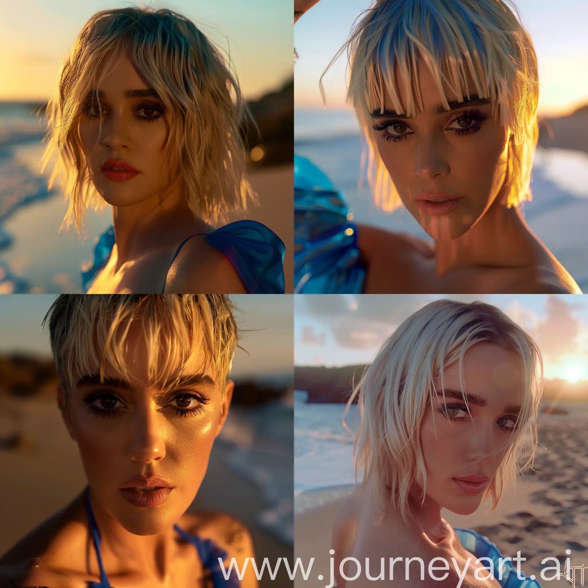 Katy Perry looking into the camera, dark eyes, highlighted blonde hair, wearing a blue dress, Beach, sunrise, cinematic lighting, aperture 1.8, 35mm lens, red cinema 6k komodo camera