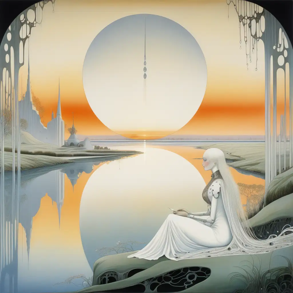 Futuristic Kay NielsenInspired Painting Tranquil Sunset Encounter by the River
