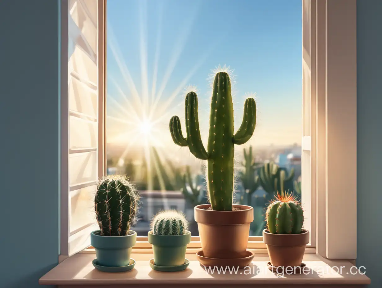 в окне видно небо и яркое солнце а на подоконике окна стоит один мальникий кактус
