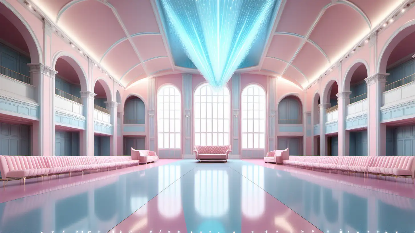 great hall. long luxury interior. double height. elegant. smooth surface floors. diamond encrusted fluid ceiling. archviz. lights. 1-point perspective. frontal perspective. elegant stage in the center. surrounded by seats. iridescent pink and baby blue