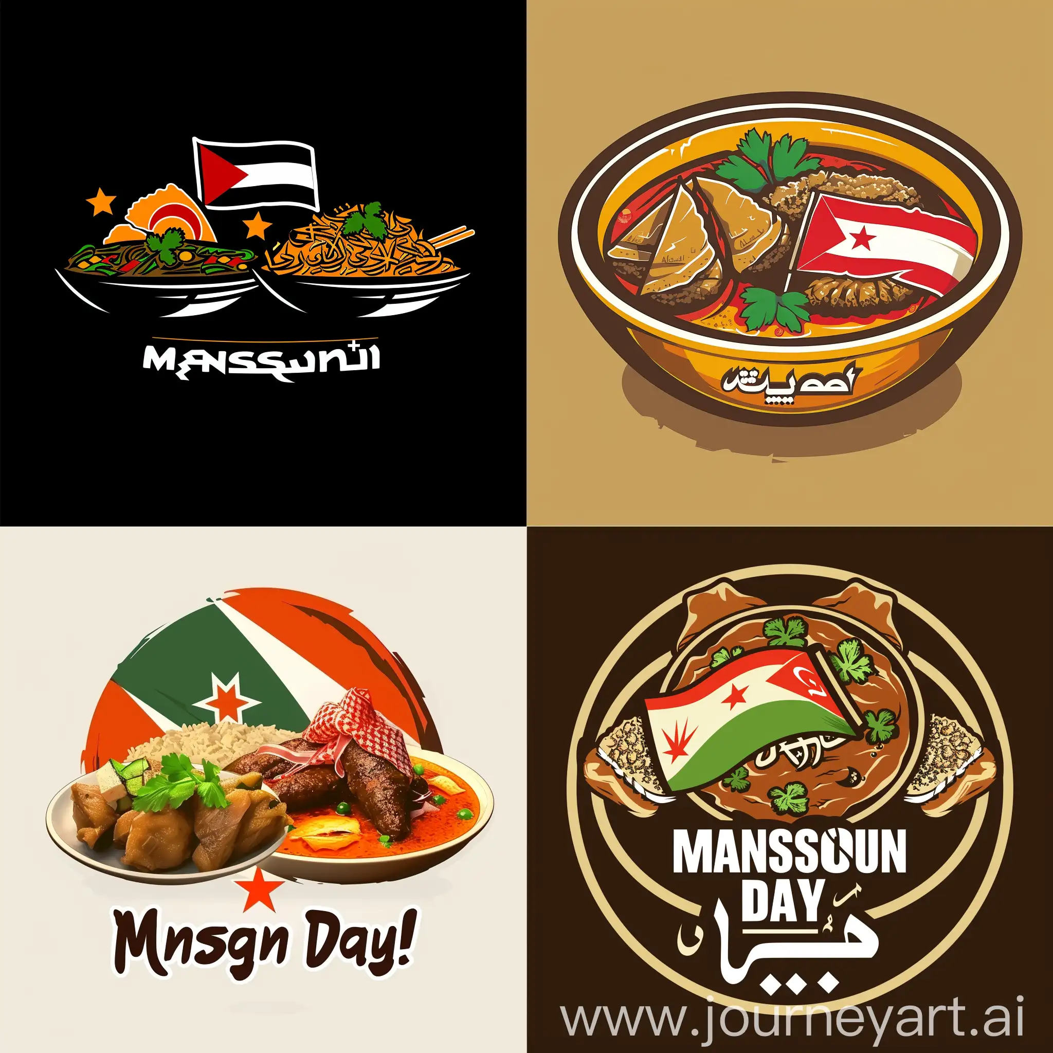 a logo about Jordan independence day that includes the national flag and the two main dishes, Mansaf and Msakhan