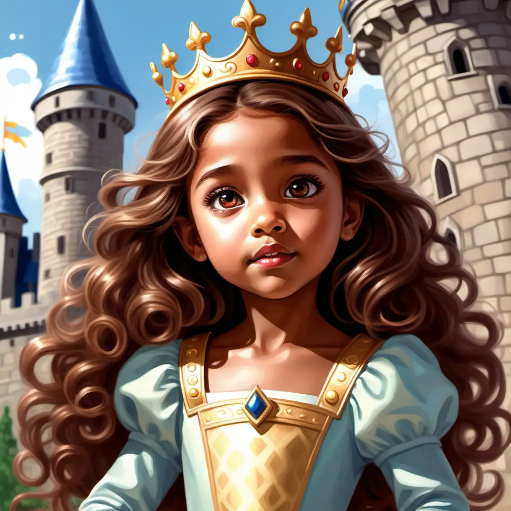 Flat art, children's book, cute, 5 year old girl, tan skin, light hazel eyes, long tight curl brown hair, beautiful, concerned expression, looking up, charming light-hearted style, princess clothing with large crown, castle 