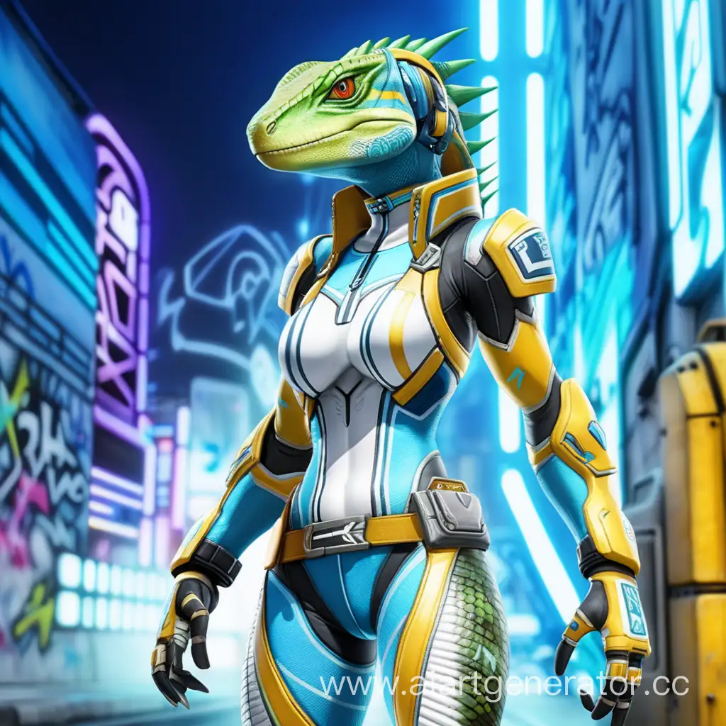 Fantasy-Female-Lizardfolk-Warrior-in-Phantasy-Star-Online-2-Armor-with-Graffiti-Background