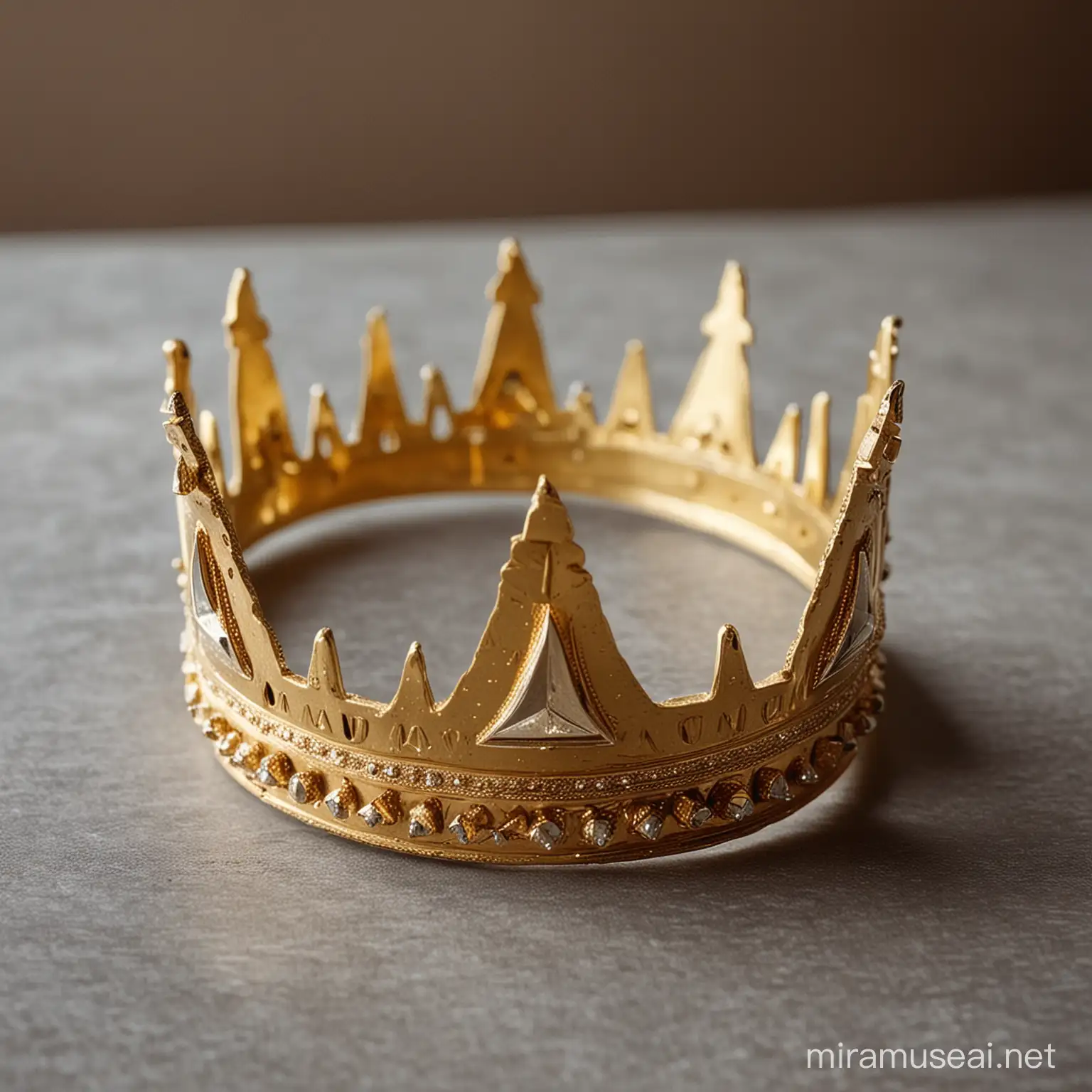 Проста але дуже красива золота корона з трикутними пласкими зубцями лежить на столі.
