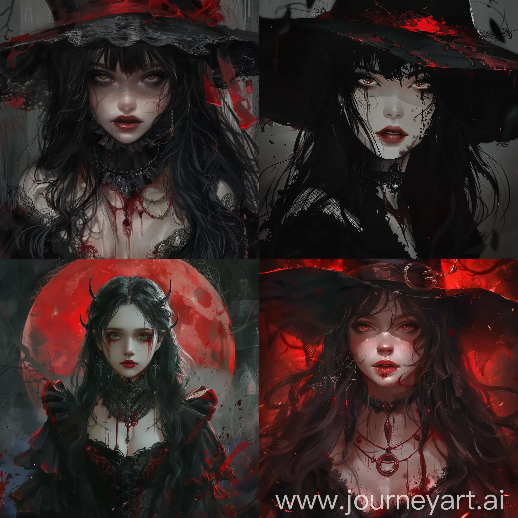 Dark fantasy, gothic horror, anime style, bloody witch