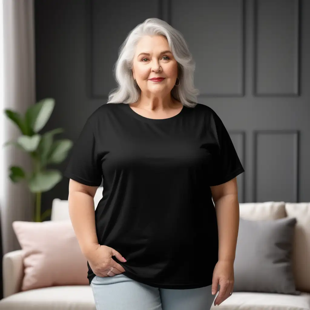 PLAIN black T-SHIRT, bella 3000 mock-up photo, chubby older woman,t-shirt frontage for showcasing designs on. good lighting and styling.well-lit indoor room settings that are minimally furnished in the background
