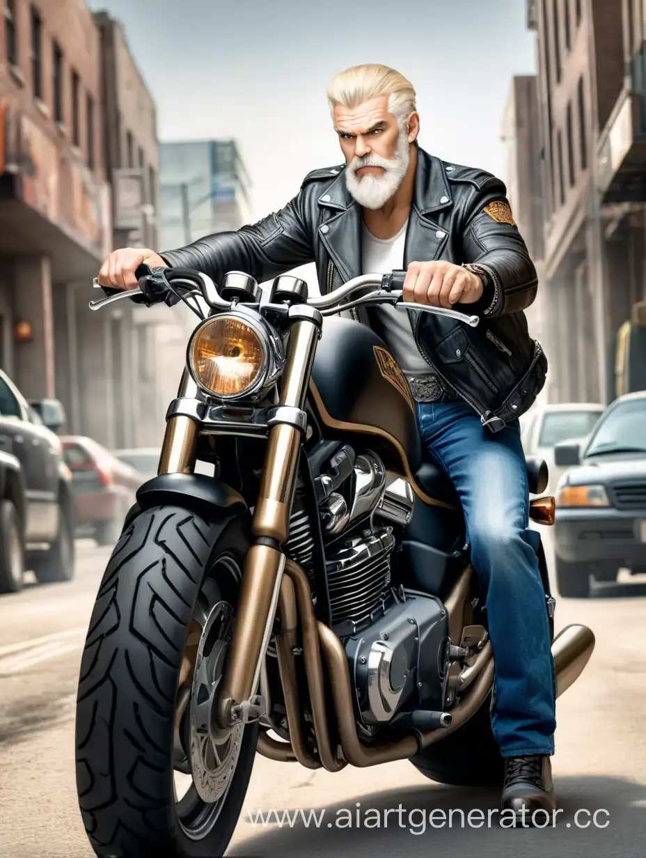 брутальный мужчина с длинными темными волосами, с седой бородой, спортивного телосложения, в кожаной куртке и джинсах, сидит на черном мотоцикле, сзади сидит на мотоцикле стройная блондинка с короткой стрижкой, с короткими волосами, с большими обнаженными сиськами, в кожаной куртке на голое тело