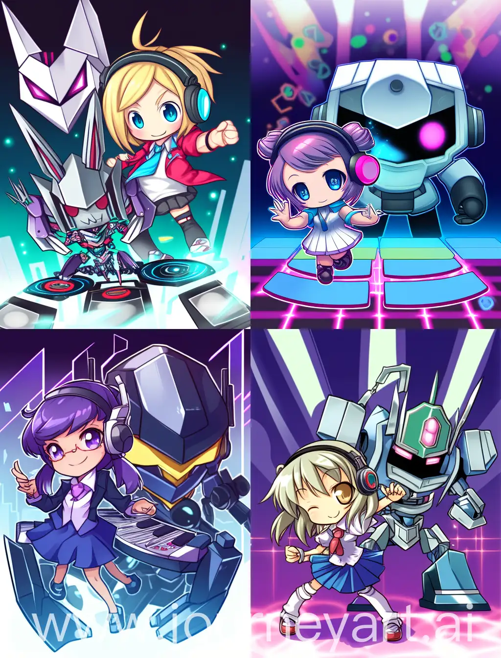 chibi robot and anime girl playing dj, with abstract background, 