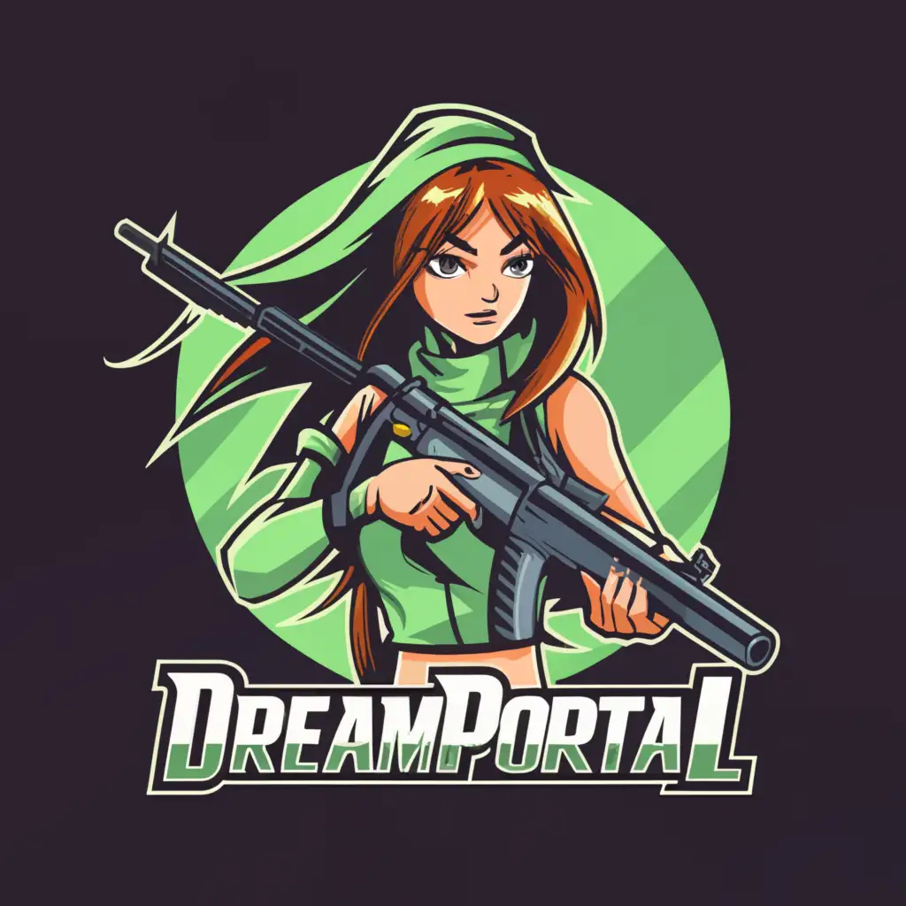 a logo design,with the text "DreamPortal", main symbol:Anime girl with a sniper AWP, green and white color,Moderate,be used in Internet industry,clear background