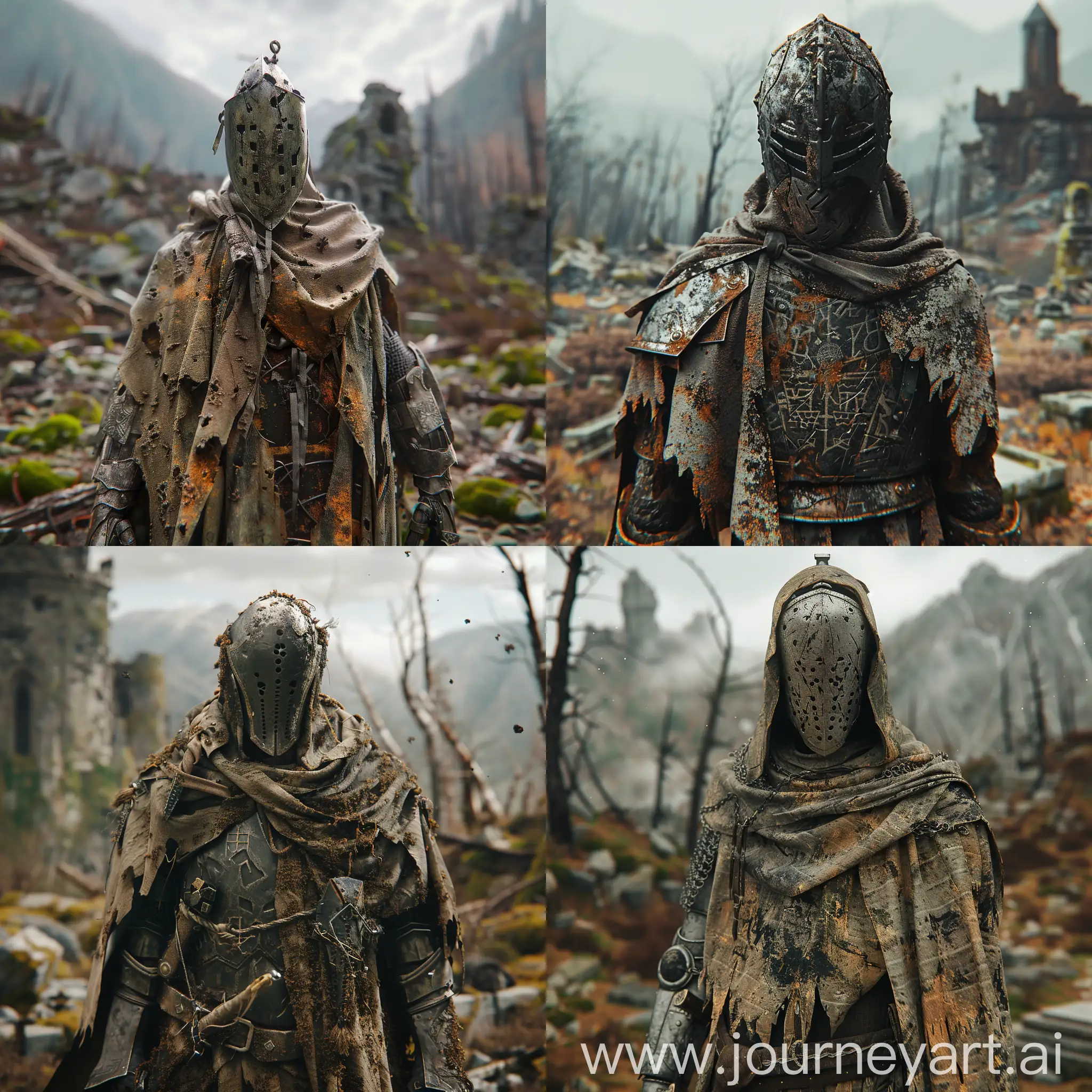 Masterpiece, 4k, unreal engine m5, volumetric lighting, dof, bokeh, hyper realism, adof, vignette, dust, moss, aged, old, scarred, burnt, runic, holy, magic, scorcerer, mechanized, light armour, dark fantasy, fantasy featureless helmet, highly detailed, tattered robes, burnt robes, destroyed land, castle ruins in background, burnt wood, unmarked tombs, mountainous background, dead forest