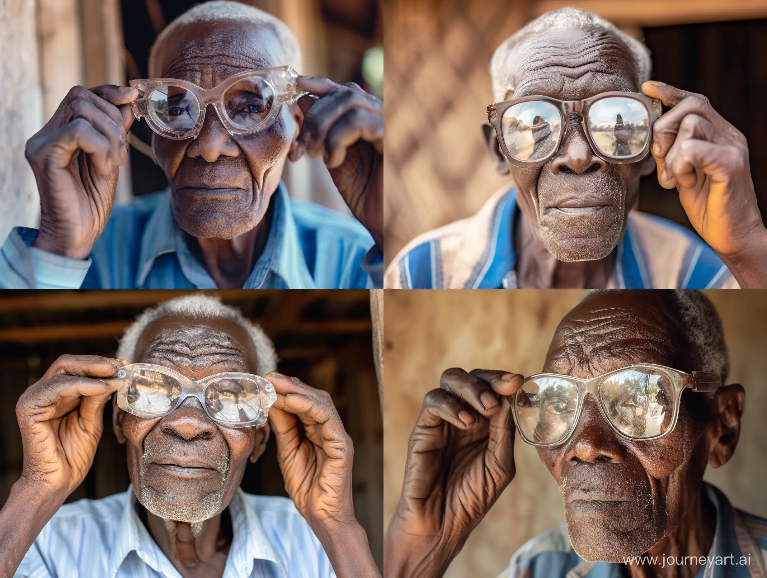 Elderly-African-Man-Adjusting-Vintage-Reflective-Reading-Glasses