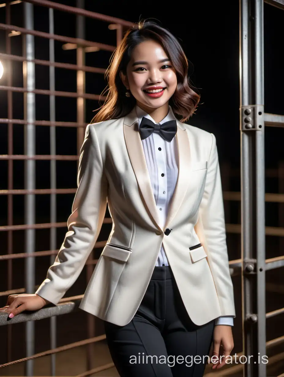 A stunning and cute and sophisticated and confident indonesian woman with shoulder length hair and  lipstick wearing an ivory tuxedo with a white shirt with cufflinks and a (black bow tie) and (black pants), standing on a scaffold facing forward, laughing and smiling.  She is relaxed. It is night.