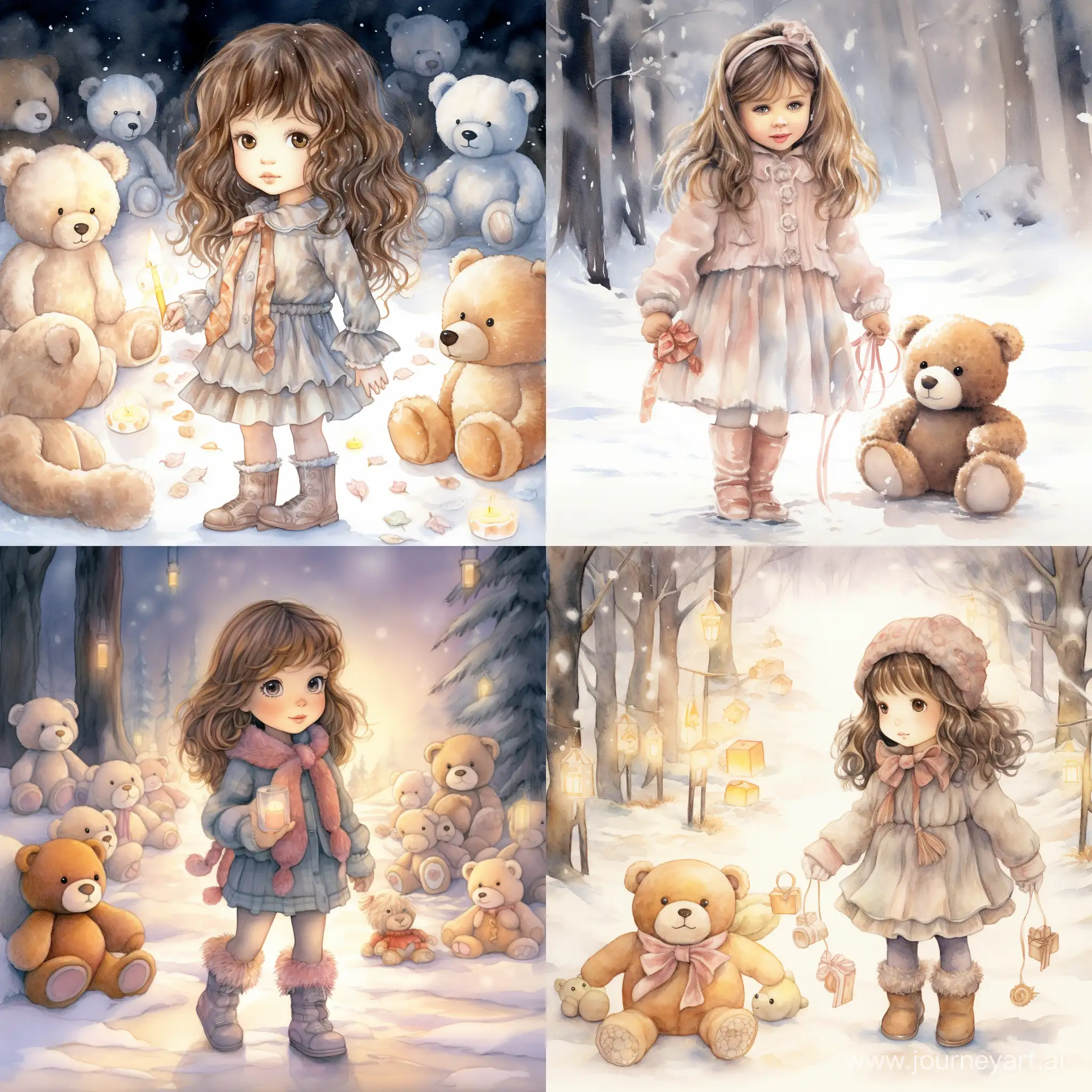 Delicate watercolor painting, an ultra beautiful three-year-old girl walks in the snow and carries a small teddy bear in her hands next to lights decorated with New Year's gifts and trees, digital-art, pixel work, high detail, delicate sensuality, intricate details, elegant, aesthetic, lineout, surrealism , realistic, high quality, hyper-detailed, professional, filigree, super-detailed, hyperrealism, beautiful forest background.