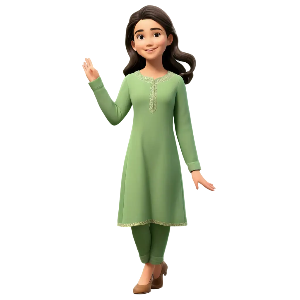 A Cartoon Girl wearing shalwar Kameez, must be in three positions, sitting, standing, walking and styling. 