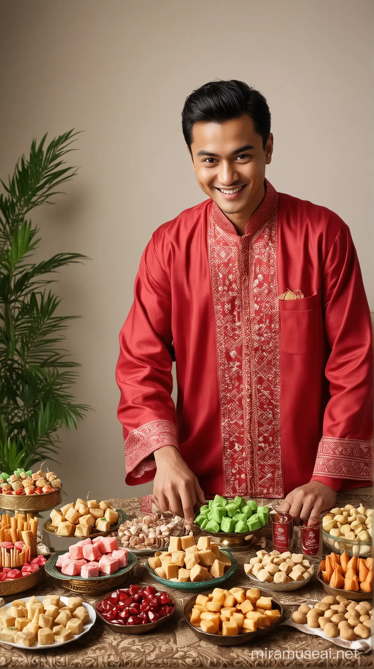 A real picture of a smiling, elegant Indonesian young man celebrating Eid al-Fitr. In front of him is a table with a variety of sweets, ketupat and tea. He is wearing a half-white and half-red robe. Behind him is the name “Karim” written in red crystal, and in his hands is the phrase “Eid mubarak.” A high-quality, realistic picture.hd, 4k