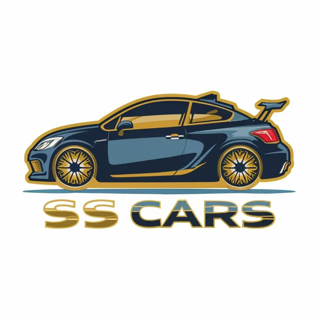 logo, modern car, colors are blue and gold, background something nice color of blue or gold, with the text "SS CARS", typography, be used in Automotive industry