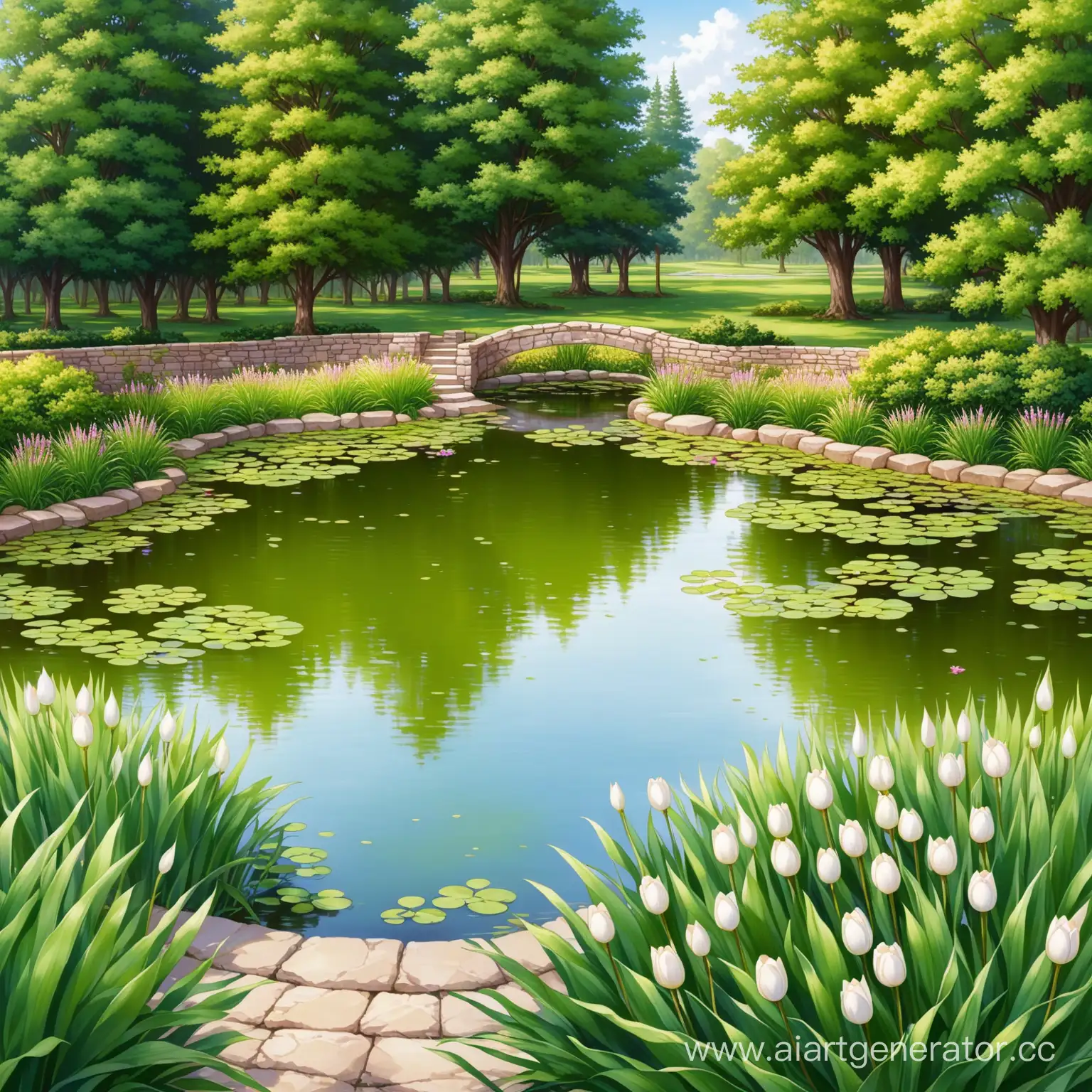Tranquil-Pond-Landscape-with-Reflective-Waters-and-Lush-Surroundings