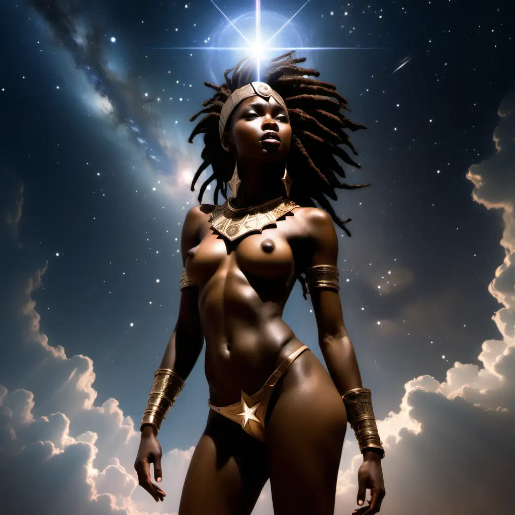 A cosmic disturbance, stars dimming, Seraphina a sexy nude young African warrior looking skyward, resolve in her eyes.