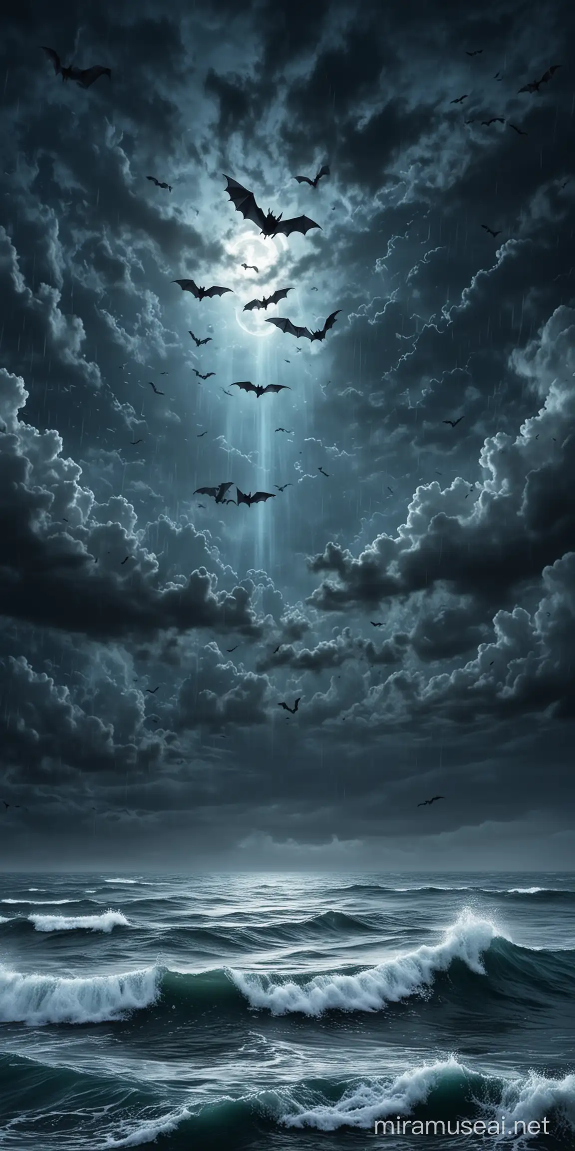 Mystical Bats Flying over Dark Blue Stormy Sea