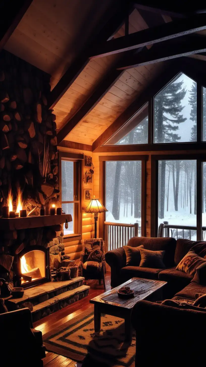 Cozy Cabin Living Room with Crackling Fire Amidst Rain and Snow Blizzard