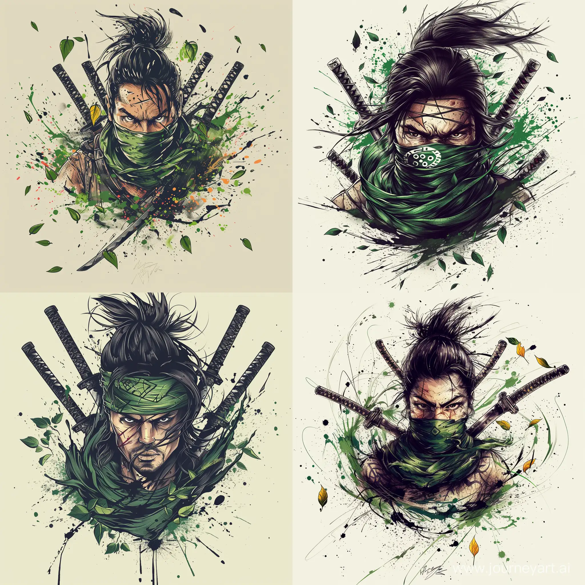 /imagine prompt: A detailed tattoo design of a warrior with three swords, intense gaze, green bandana, amidst a whirl of leaves. Background: abstract ink splashes. Created Using: fine line detailing, high contrast, dynamic poses, realistic textures, vibrant green accents, shadowing techniques, ink wash effect, hd quality, natural look