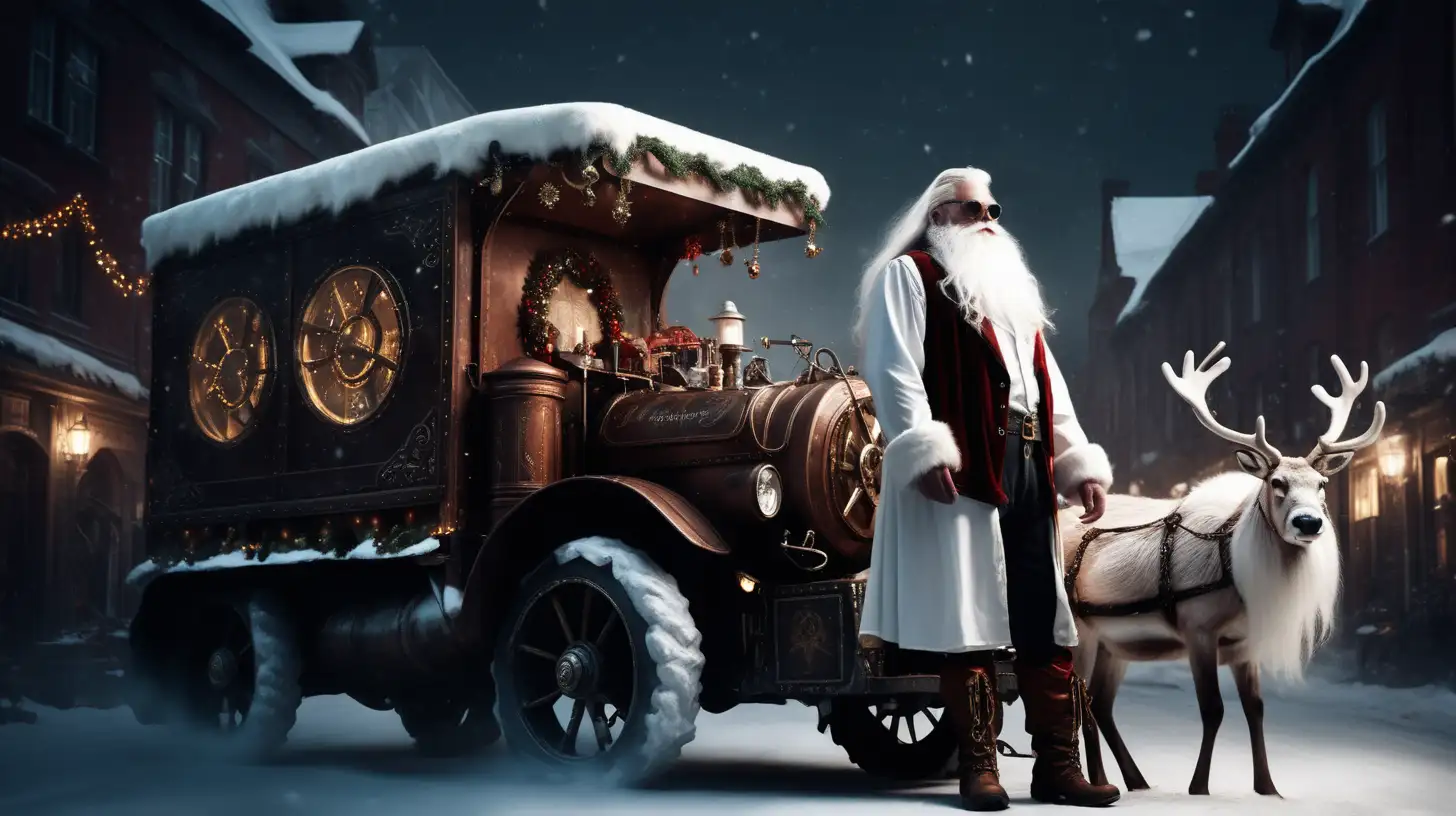 steampunk man long white beard white long hair soft light darkness big truck street, reindeers christmas