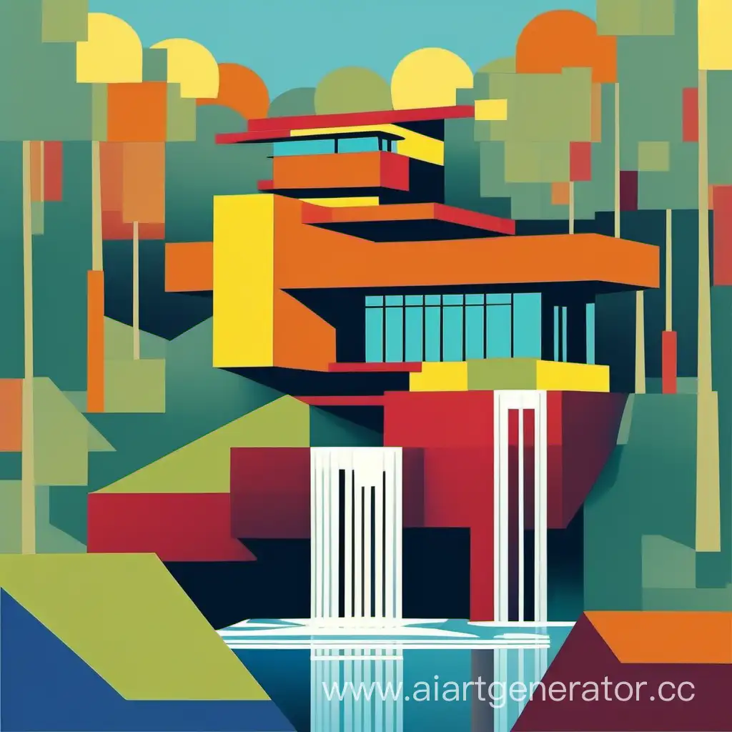 Coloristic-Abstraction-House-over-Waterfall-by-Frank-Lloyd-Wright-in-Malevichs-Cubist-Style