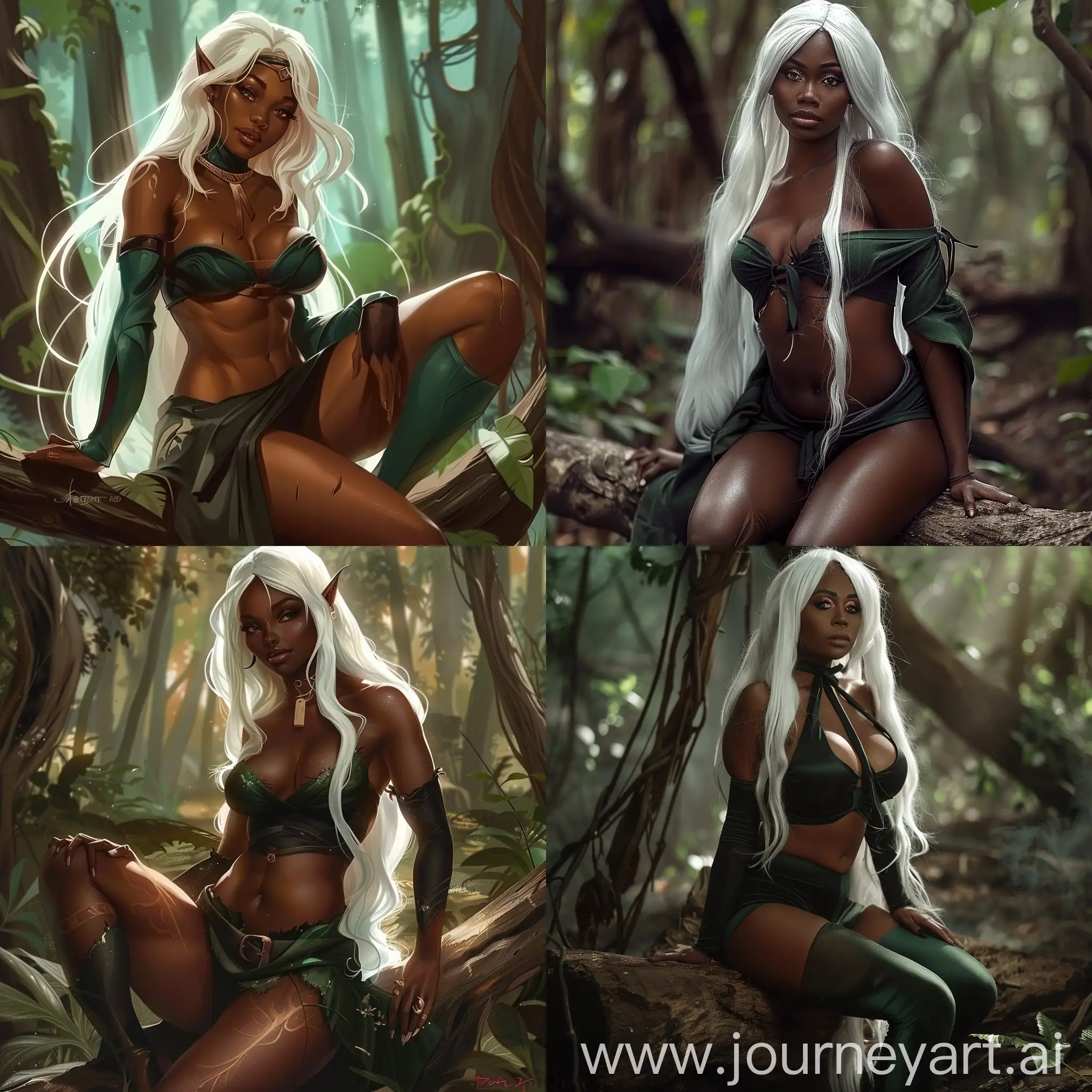 a dark skinned woman with white long hair that rest at the top of her hips, she wears a dark green attire that only covers her chest and hips, she has a good figure and a allure charm, she is siting  on a piece of wooden in a forest