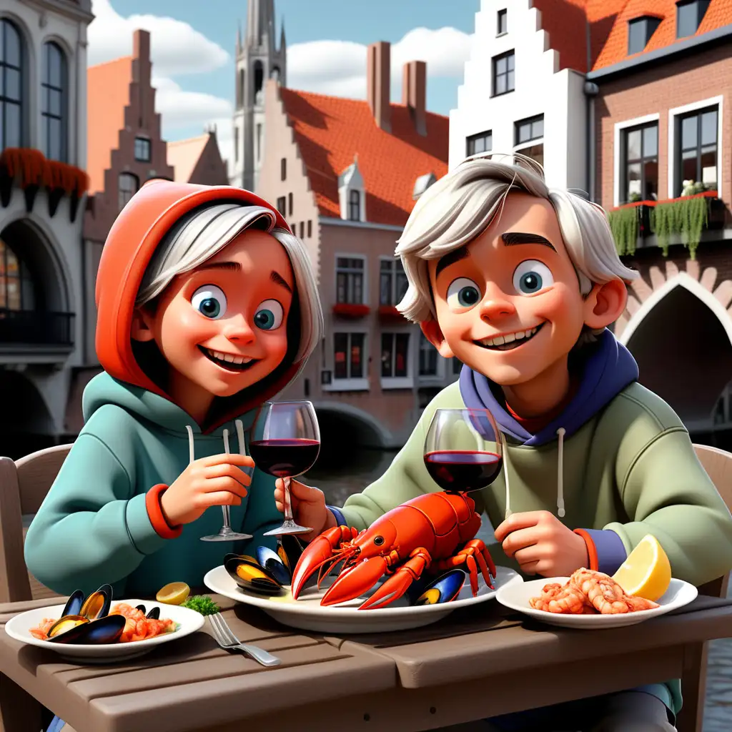 Create a whimsical 3D cartoon image featuring two happy children, girl and boy  enjoying a delightful meal of lobster and mussels in the enchanting cityscape of Brugge. Illustrate them sitting at the table in with the delectable seafood spread. Maintain their cartoon-like appearance and ensure they express joy while savoring the delicious feast. Highlight the romantic ambiance of Brugge in the scene, capturing the unique charm of this historical city. They look like teenagers wearing colorful hoodies and they are drinking wine . only the boy has short silver hair and only the girl has very long brown hair. make them very cute and in love