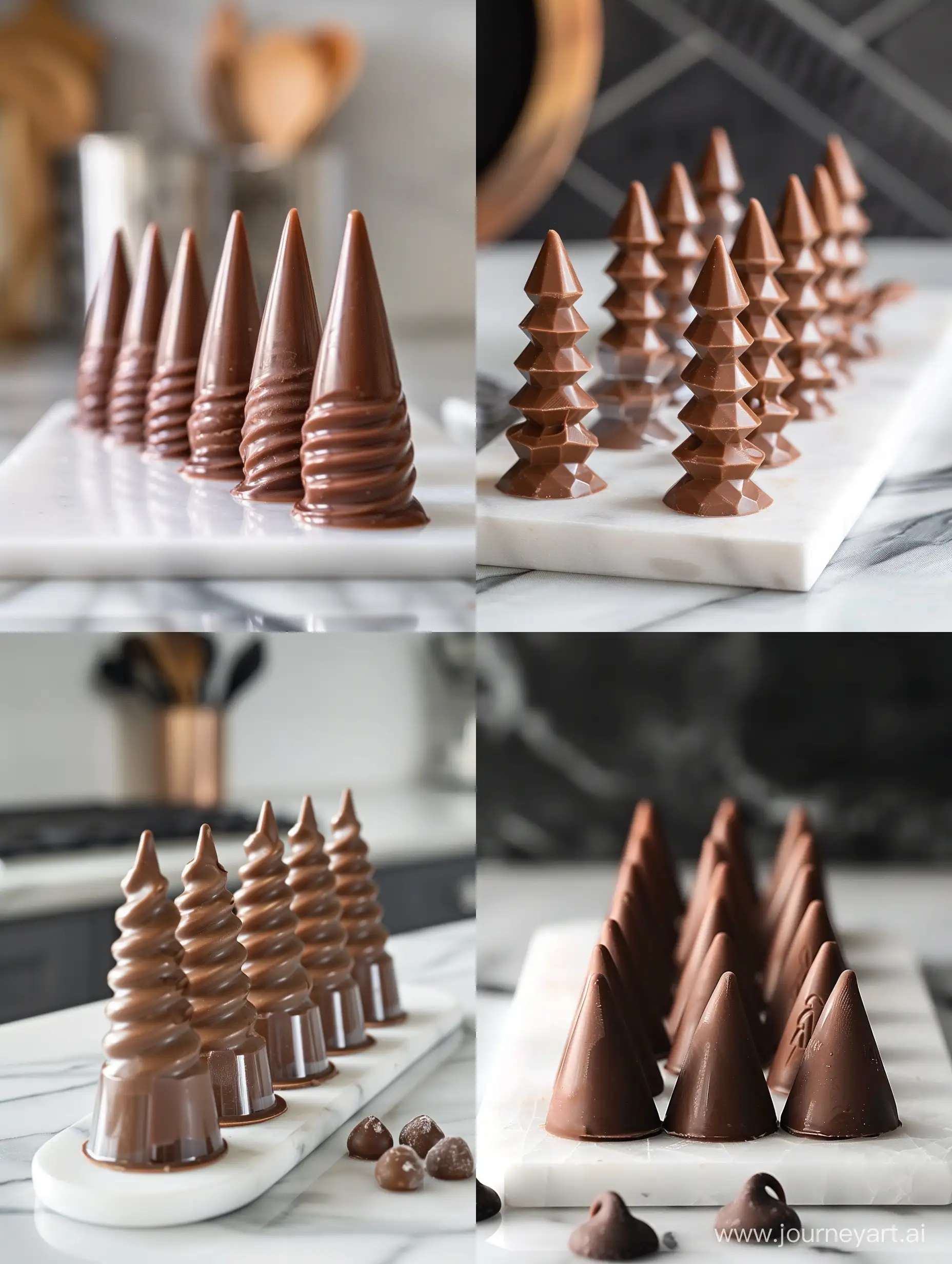 7 шоколадных конфет (трюфелей), которые стоят вертикально на белой кухонной доске , и имеют конусовидную четкую форму
