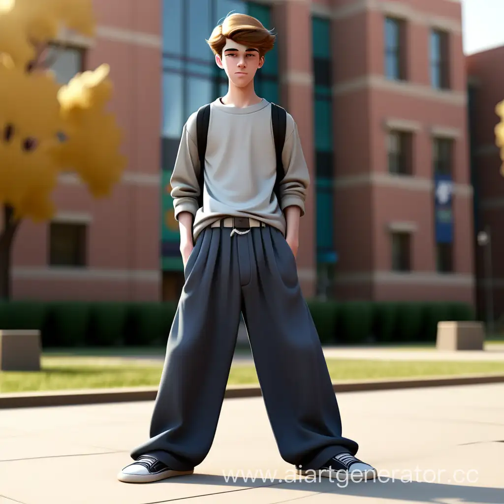 Teenage-Boy-in-Wide-Pants-Stands-Near-College-Campus