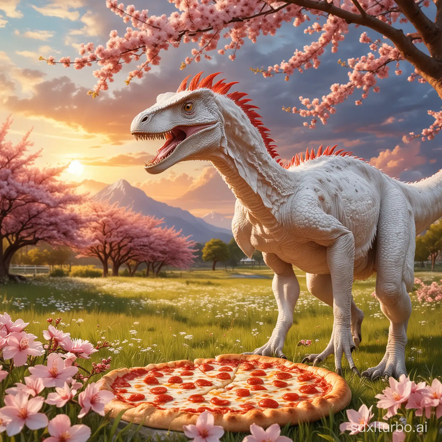 a white big velociraptor with a short red mohawk, eating one pepperoni pizza, in flower meadow, under a cherry blossom tree, watercolor painting sunset, high tide, colored clouds, rays of light break through the clouds, vibrant, beautiful, painterly, detailed, textural, artistic, warm color palette, high contrast, expressive, golden hour, medium shot, lookin at the camera