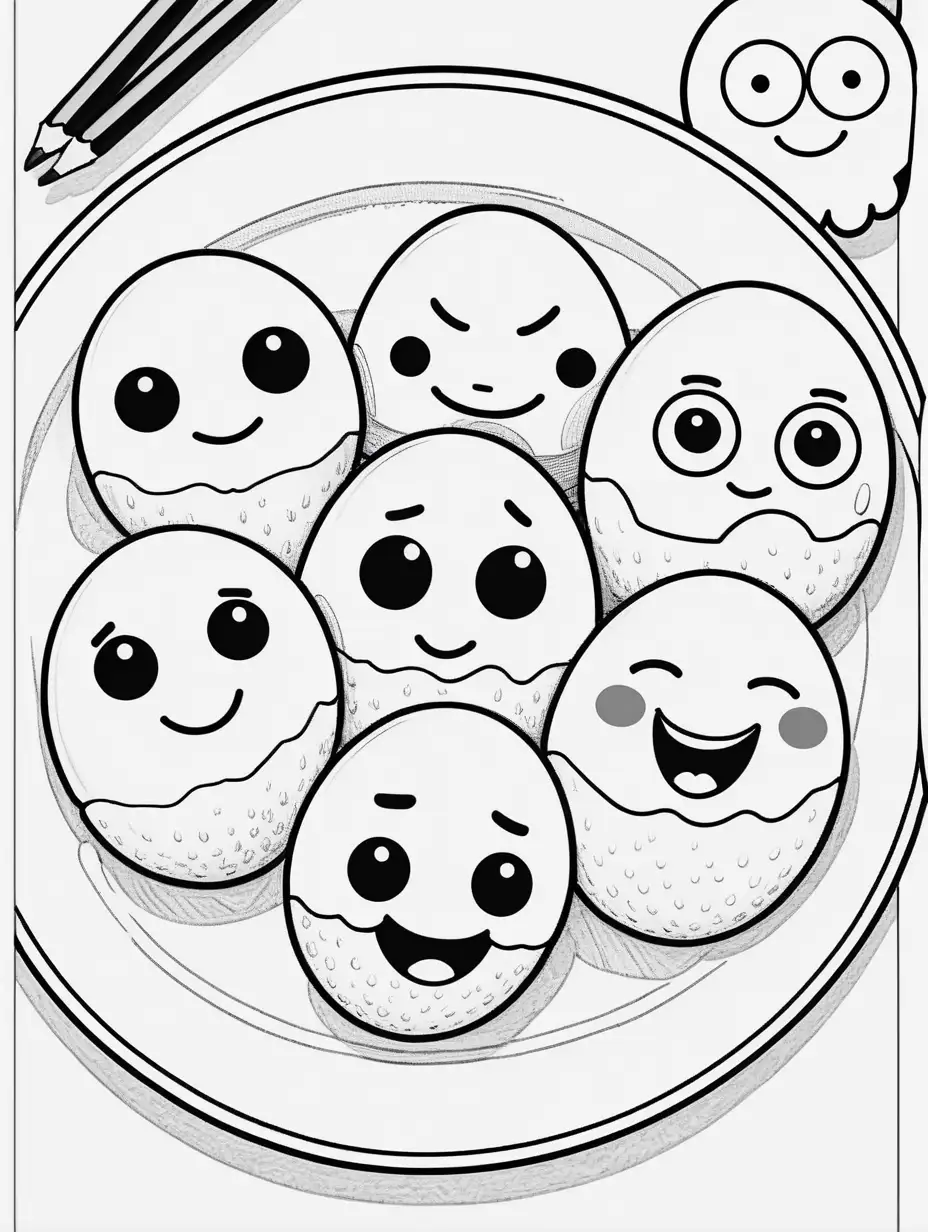 Cute Plate of Eggs Whimsical Cartoon Drawing Coloring Book with Emojis