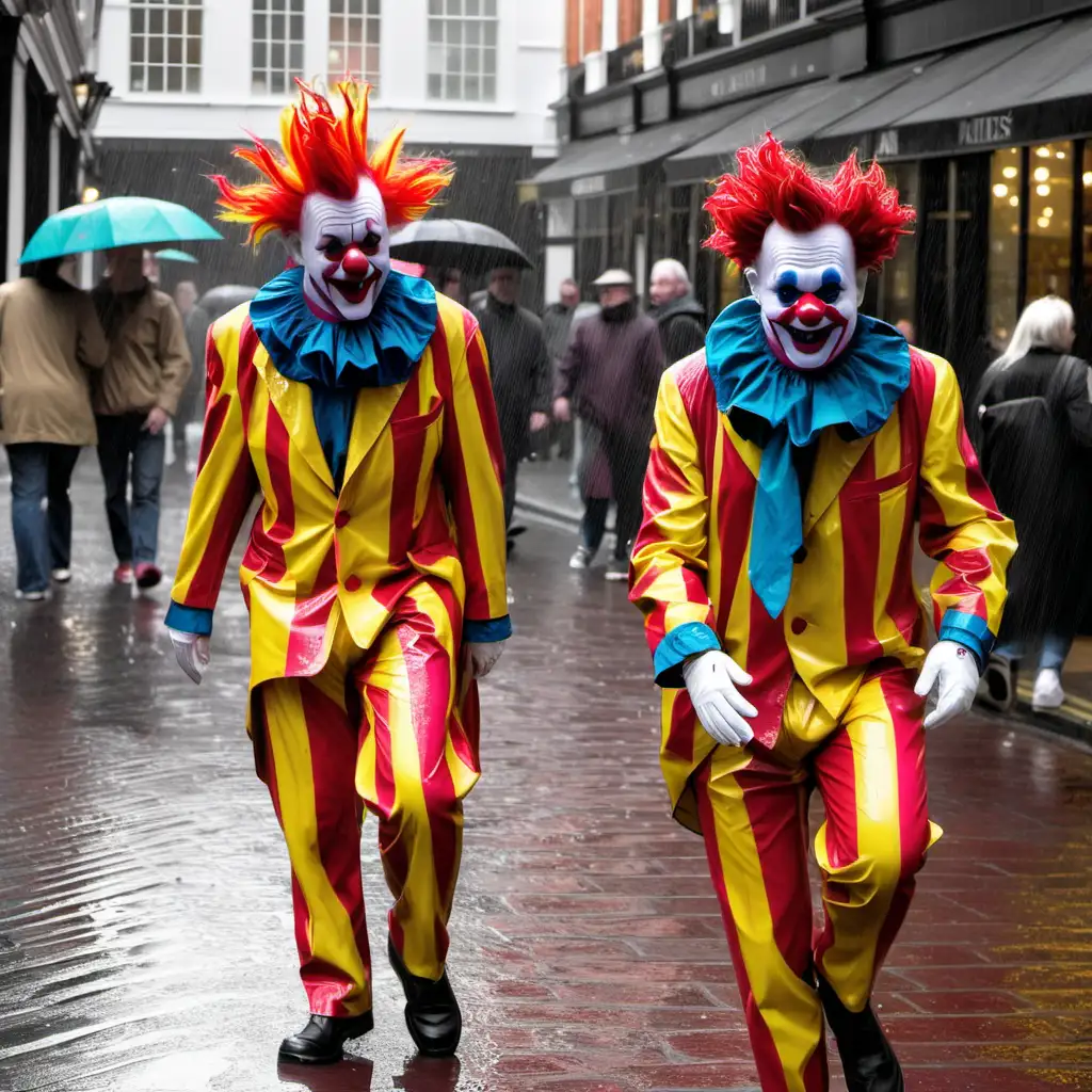 clowns walking through covent garden in the rain