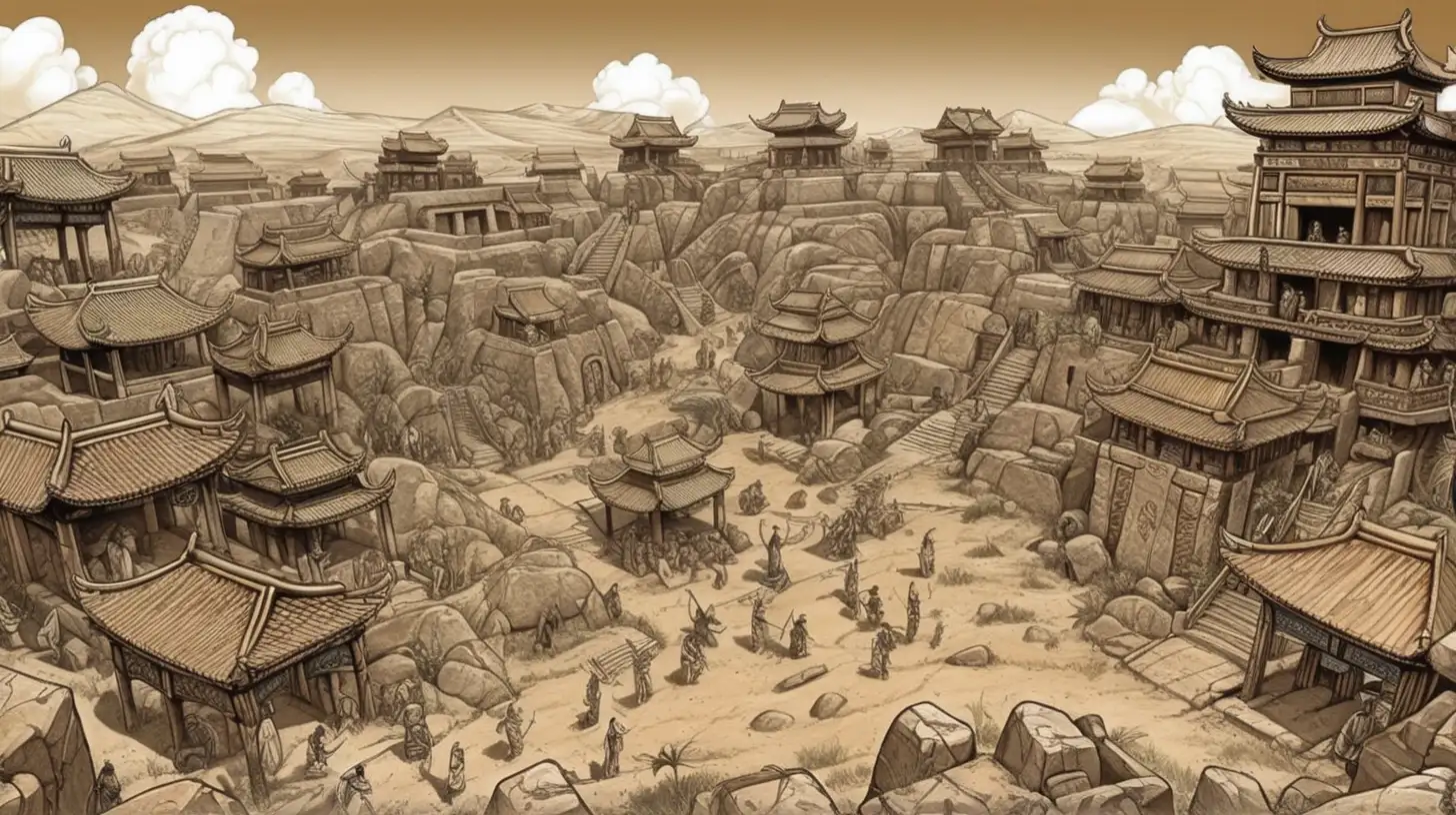 abdondoned land of an ancient kingdom in choas and war, asian-influence, african-influence, comic book style, in color, earth tones