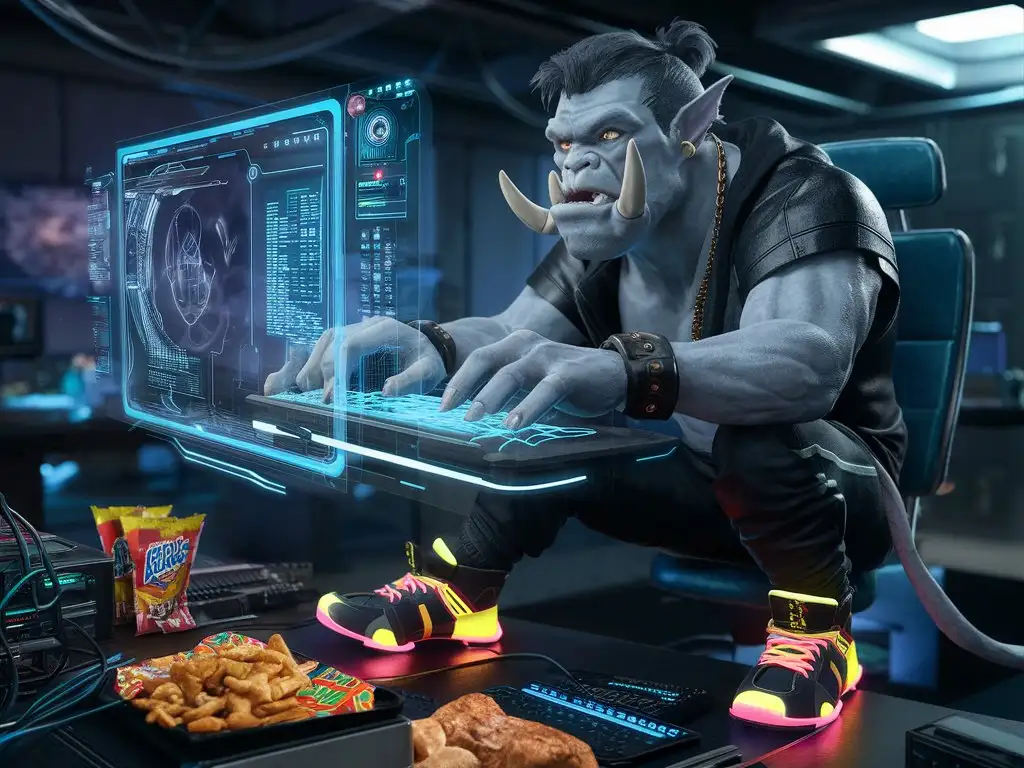 sci-fi cyberpunk 30s male grey-skinned orc gamer hacker, prominent tusks, black clothes and bright sneakers with neon accents, typing rapidly at floating holographic computer interface, full body visible, dark messy lab environment, snack food on desk, edgerunners anime