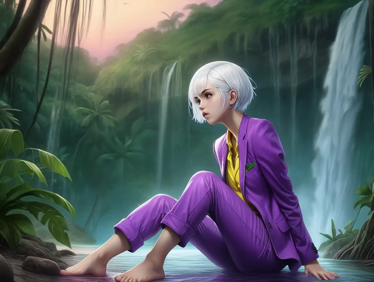 young adult woman, white skin, green eyes. short white hair, purple and yellow suit, wet, no shoes, no extra limbs, crawling, looking away, coughing up water, jungle beach with a waterfall at twilight