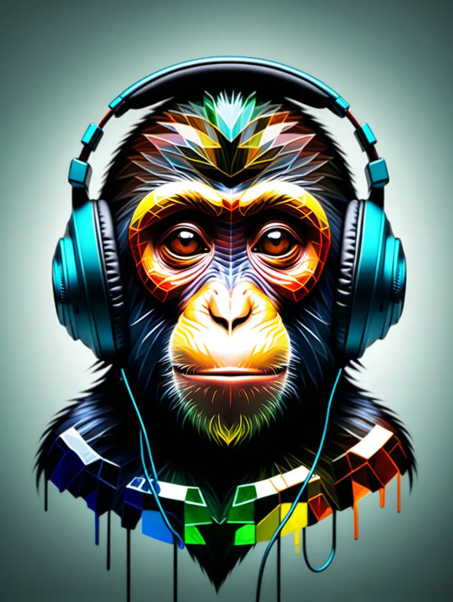 Colorful Stained Glass Monkey Listening to Music with Headphones