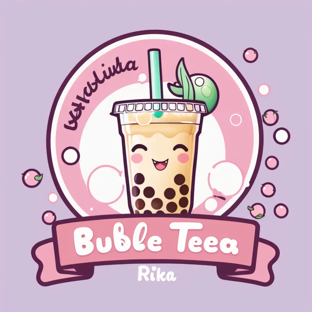 bubble tea logo with the tittle banner "Rika" and light pink cartoonist cute background. 