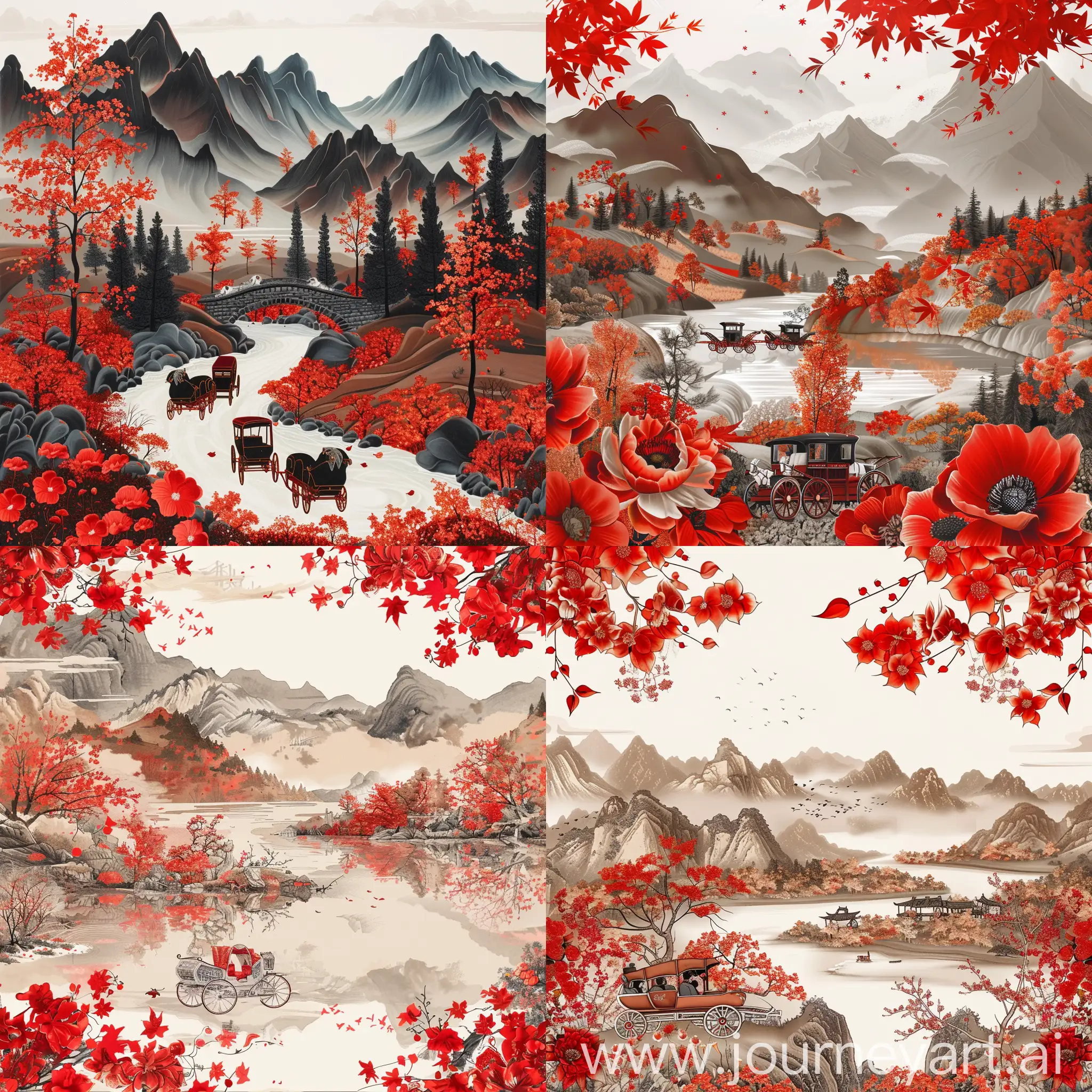 Scenic-Mountain-Landscape-with-Red-Flowers-and-Carriages