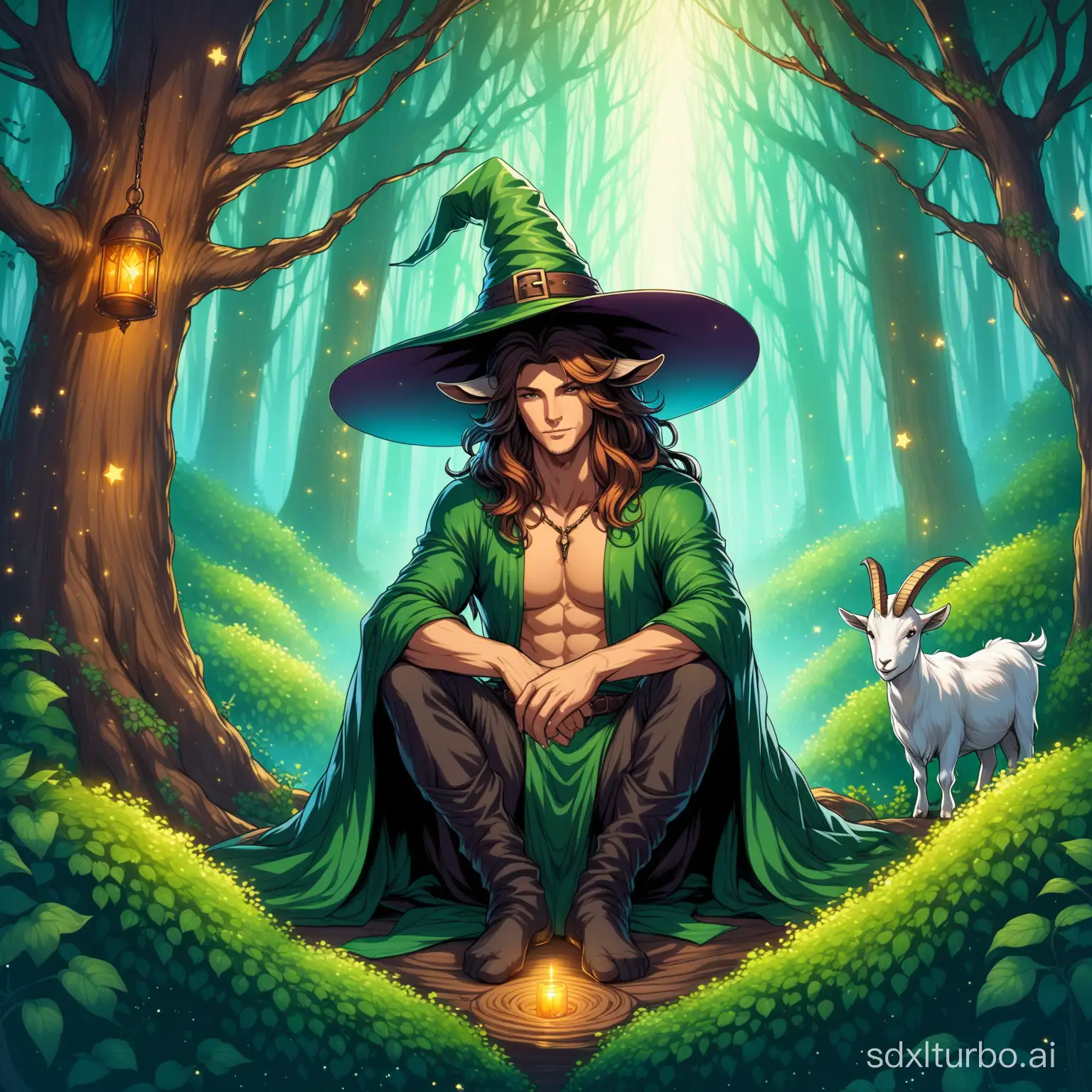 Chad male goat with witch hat and luscious hair, sitting inside backdrop of a magical forest, fantasy style