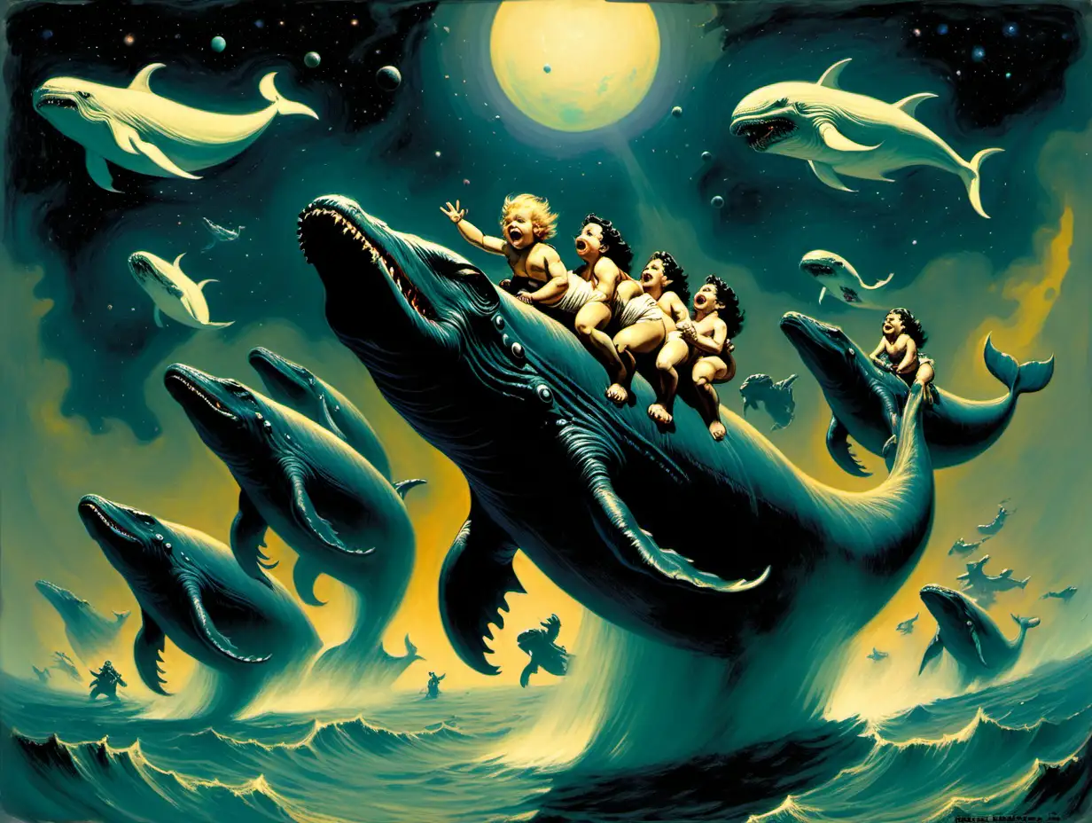 baby godzillas riding on the backs of whales in space frank frazetta style