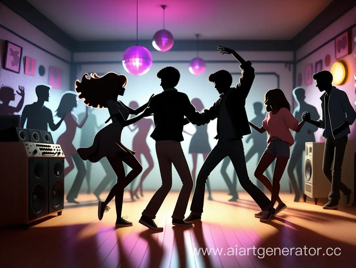 Cozy-Student-Dormitory-Disco-with-Dancing-Couple-and-Silhouetted-Friends