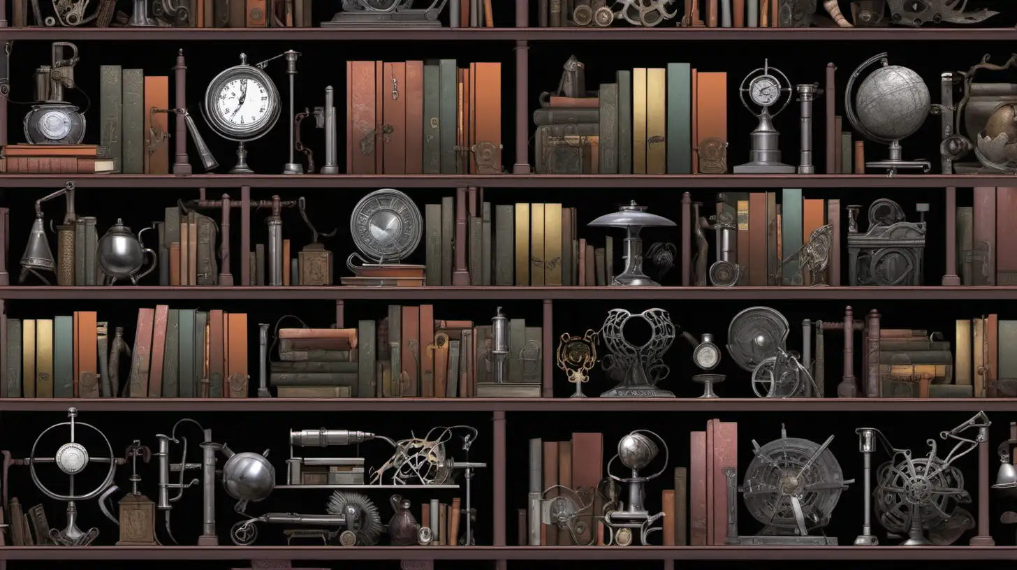 Dark academia bookshelf, metal gadgets on some shelves 