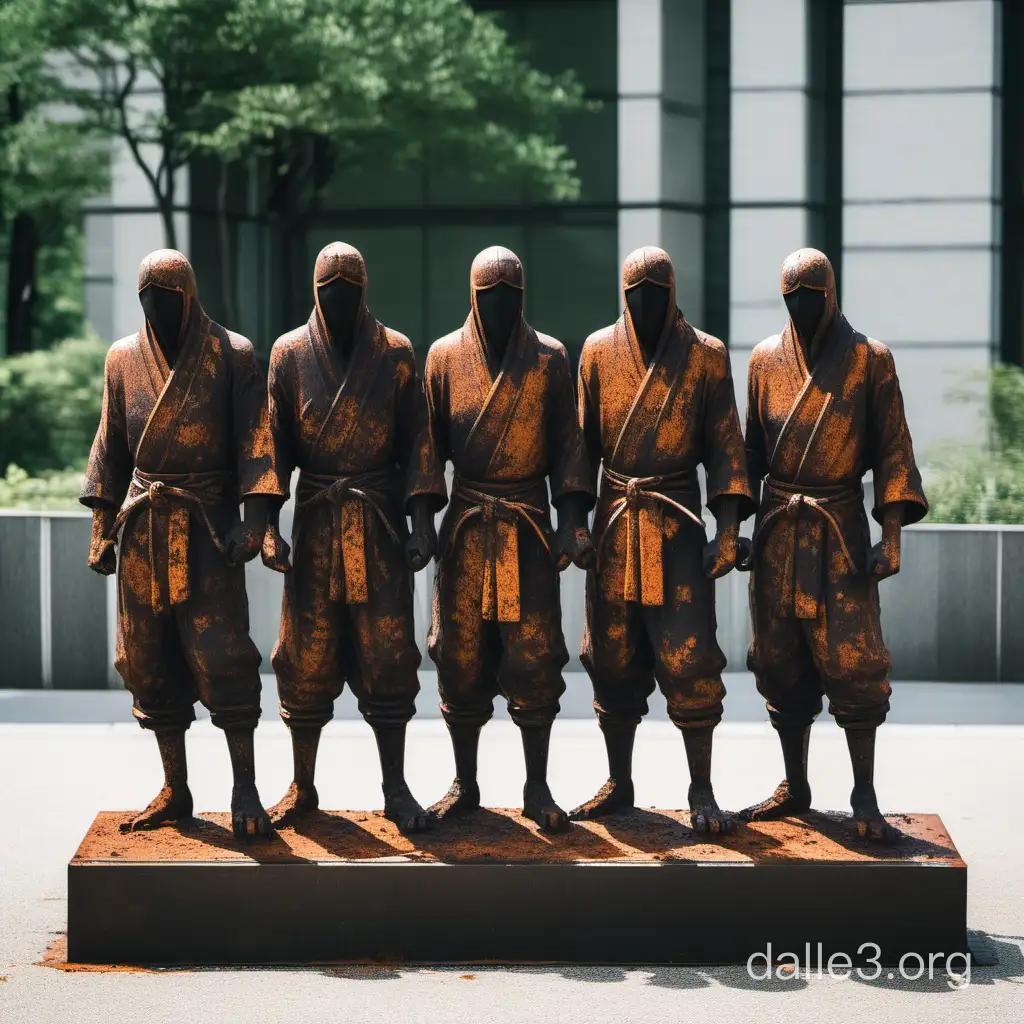 a statue of five ninjas covered in rust