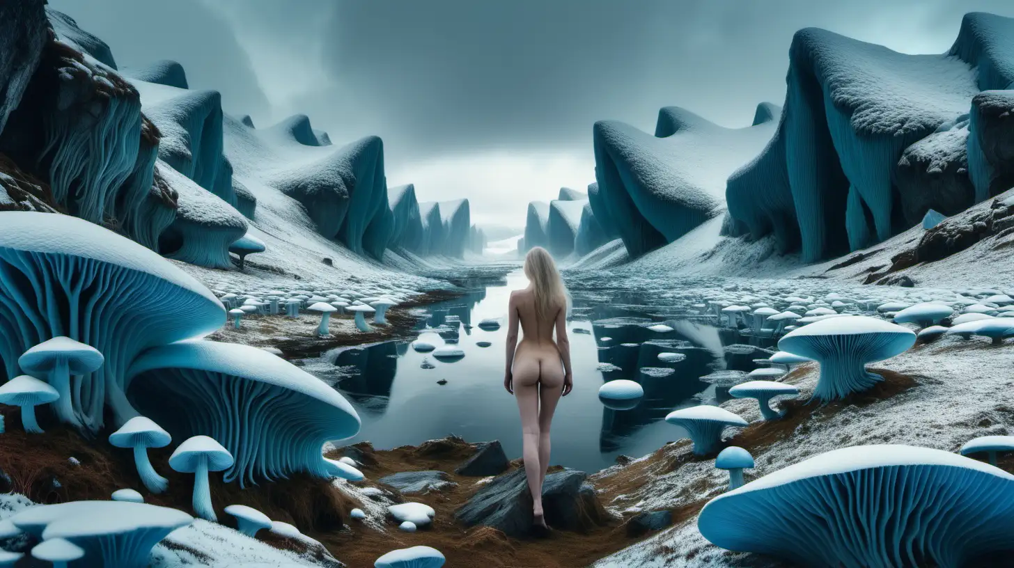 Psychedelic landscape, very high Nordic fjords surrounding on either side, snowy weather, muted colors, nude woman in center looking away from viewer, blue moss, Large ice mushrooms with gills, euphoric, serene